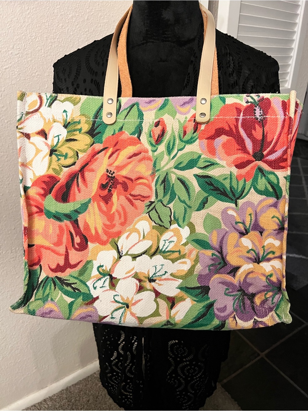 Floral Canvas Tote Bag with Leather Handles - Multicolor